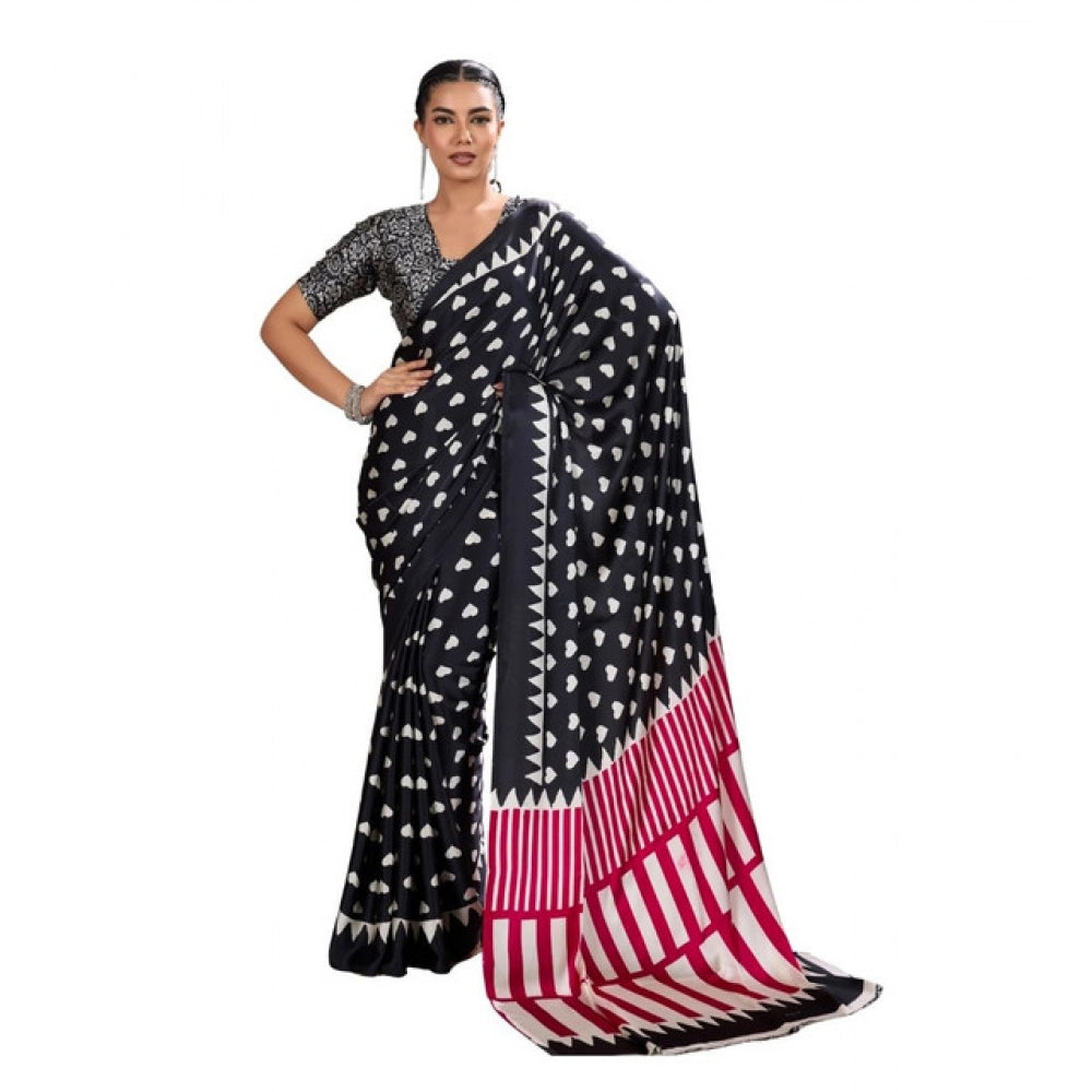 Vaystra Satin Crepe Printed Saree With Unstitched Blouse 5.5Mtr – Black