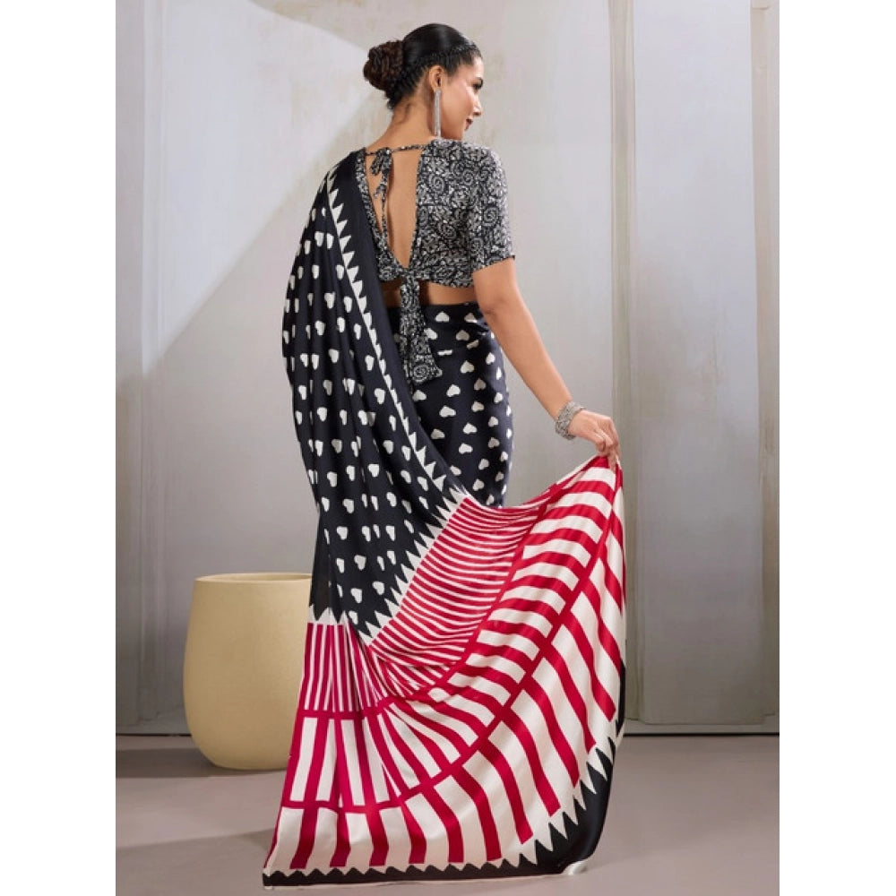 Vaystra Satin Crepe Printed Saree With Unstitched Blouse 5.5Mtr – Black