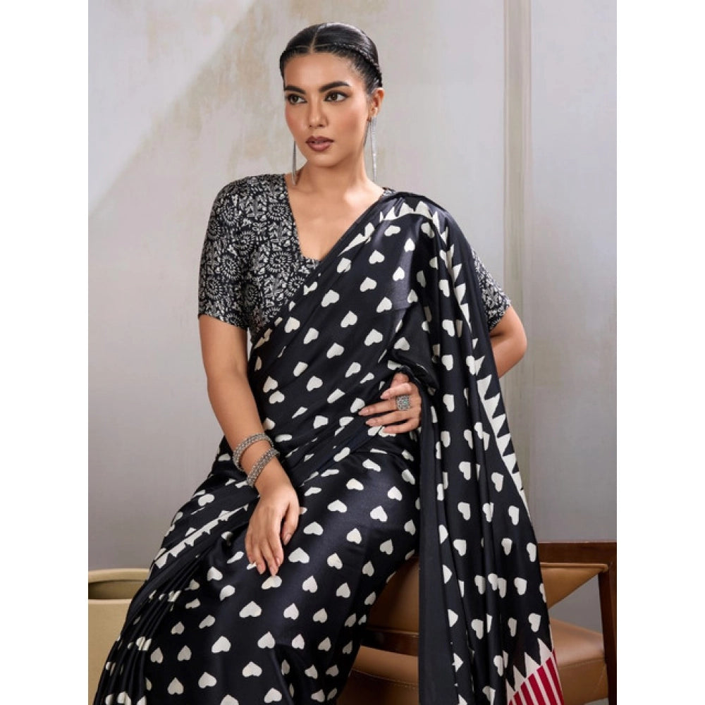 Vaystra Satin Crepe Printed Saree With Unstitched Blouse 5.5Mtr – Black