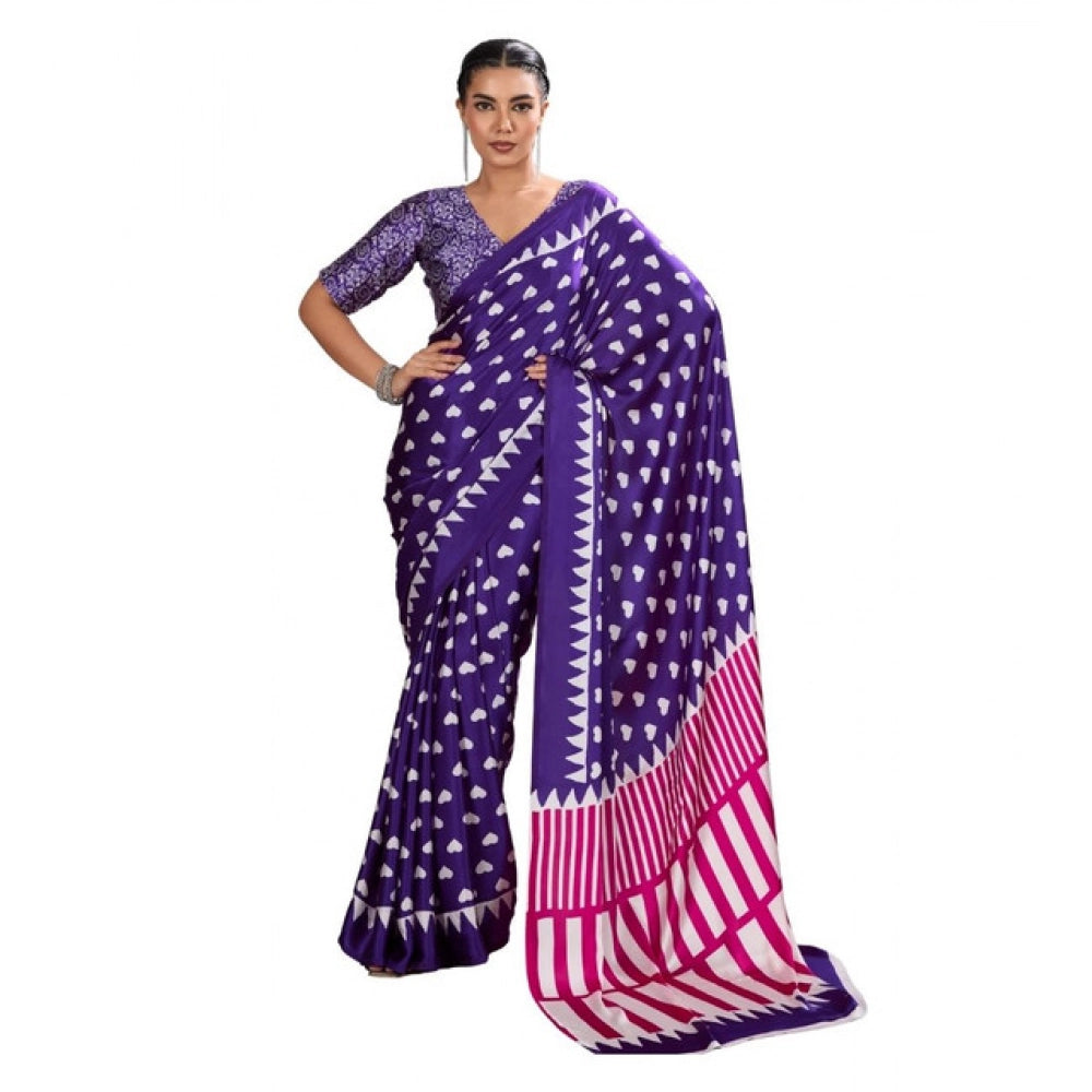 Vaystra Satin Crepe Printed Saree With Unstitched Blouse 5.5Mtr – Navy Blue