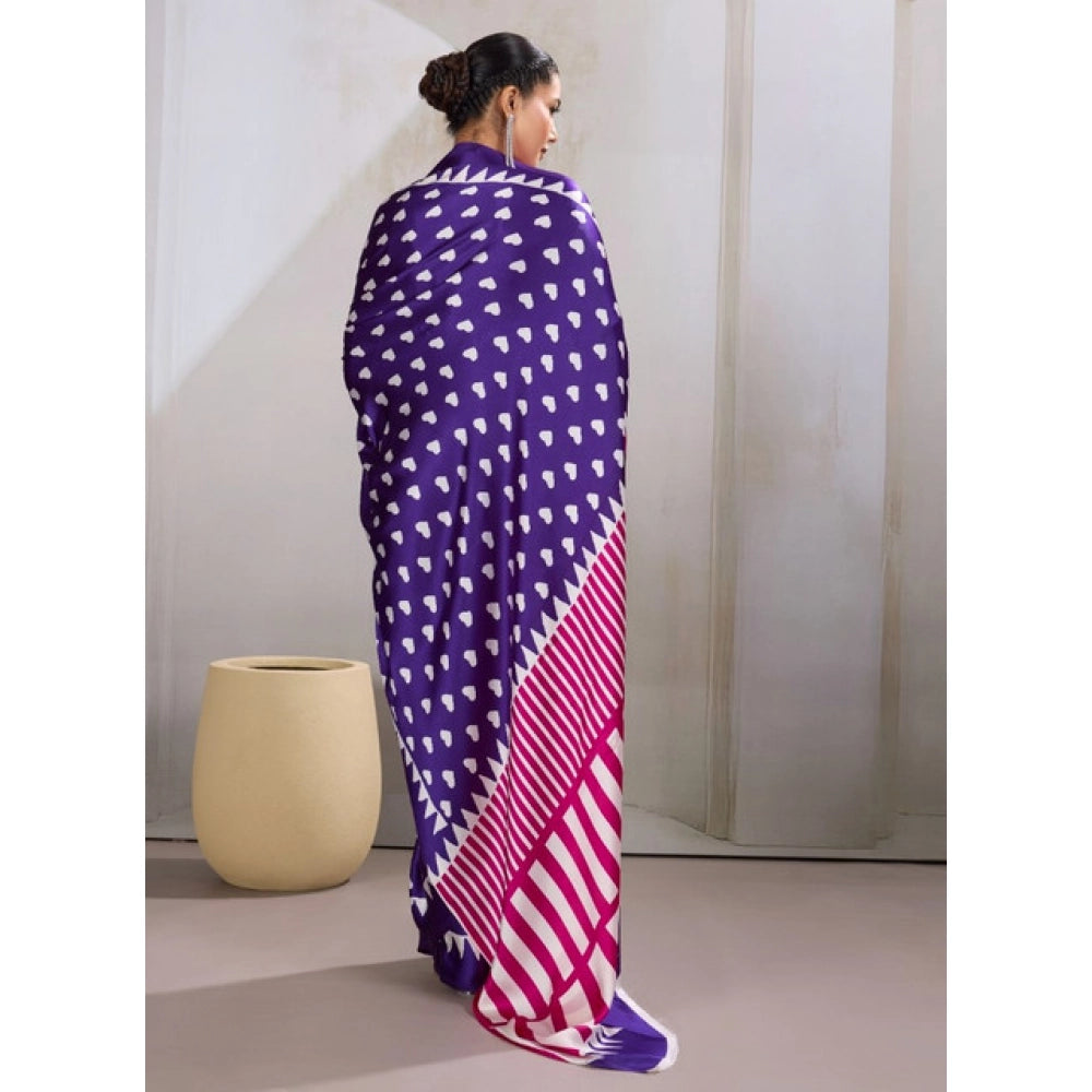 Vaystra Satin Crepe Printed Saree With Unstitched Blouse 5.5Mtr – Navy Blue