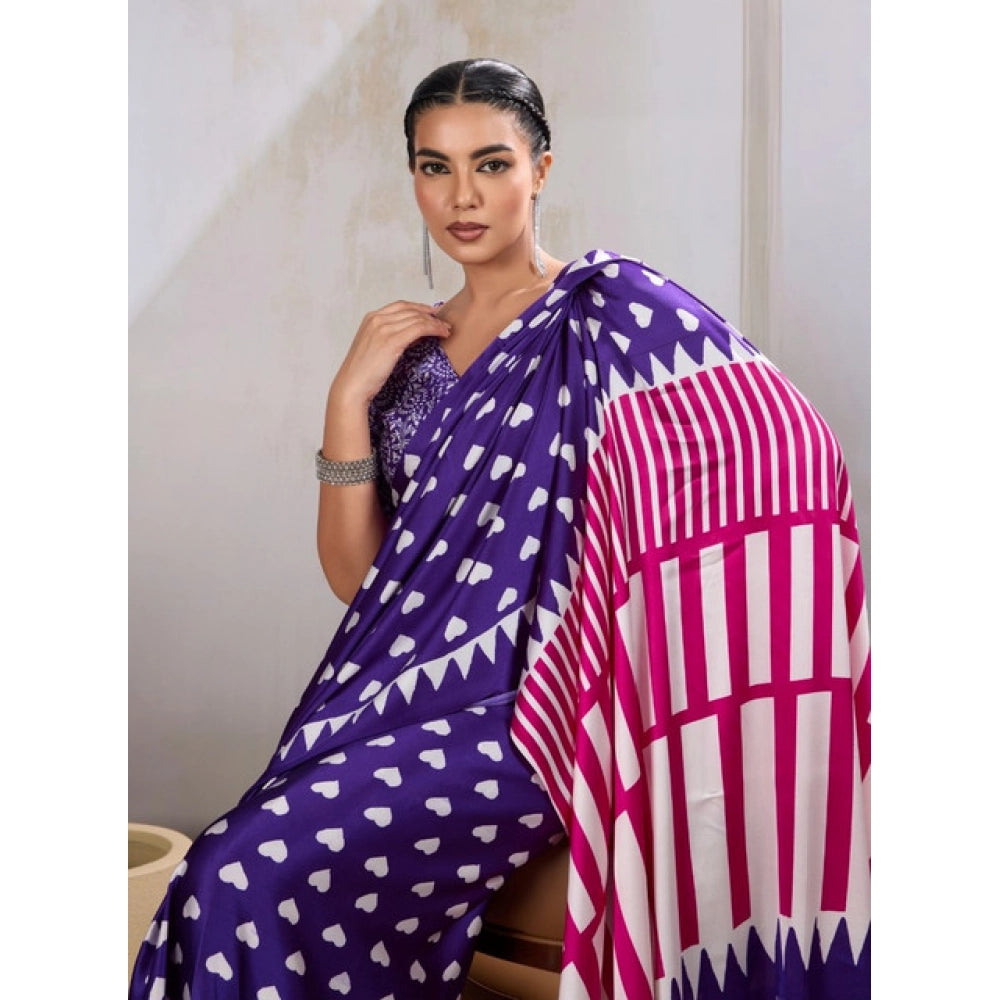 Vaystra Satin Crepe Printed Saree With Unstitched Blouse 5.5Mtr – Navy Blue