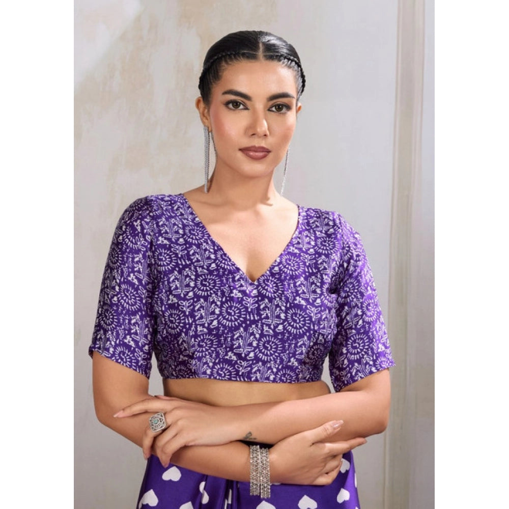 Vaystra Satin Crepe Printed Saree With Unstitched Blouse 5.5Mtr – Navy Blue