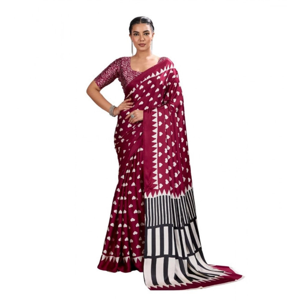 Vaystra Satin Crepe Printed Saree With Unstitched Blouse 5.5Mtr – Maroon