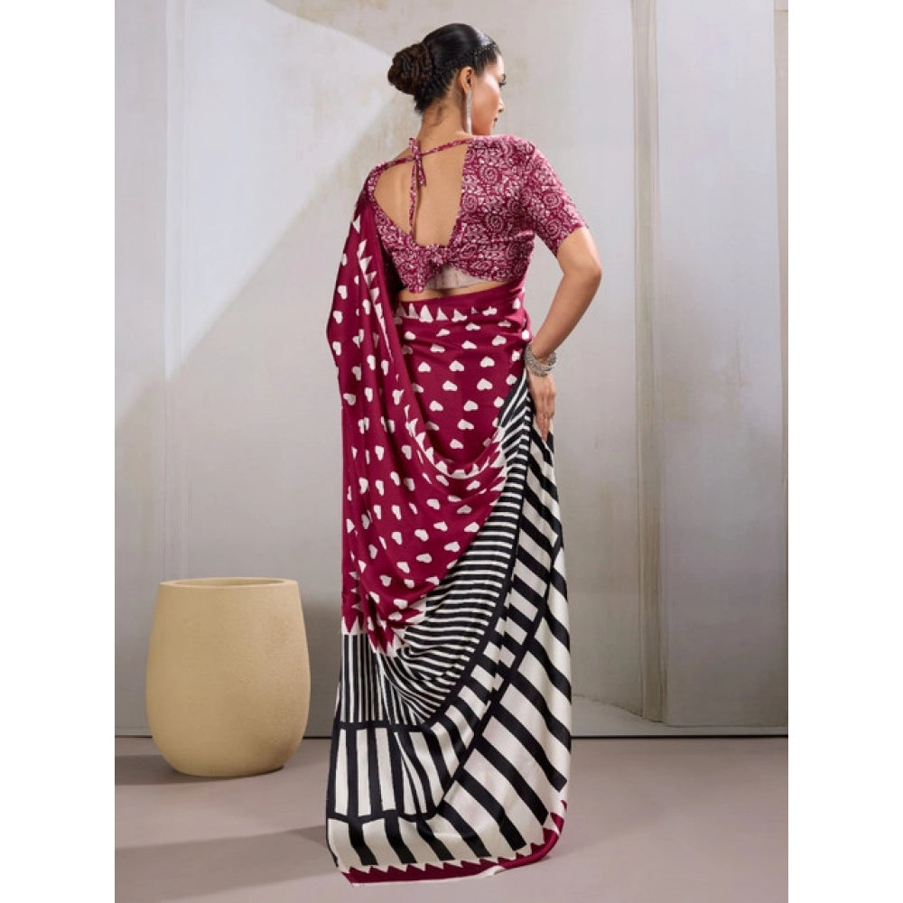 Vaystra Satin Crepe Printed Saree With Unstitched Blouse 5.5Mtr – Maroon