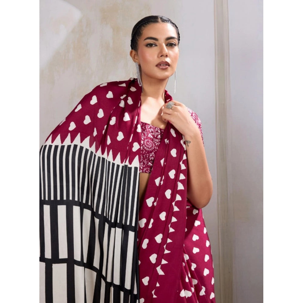 Vaystra Satin Crepe Printed Saree With Unstitched Blouse 5.5Mtr – Maroon