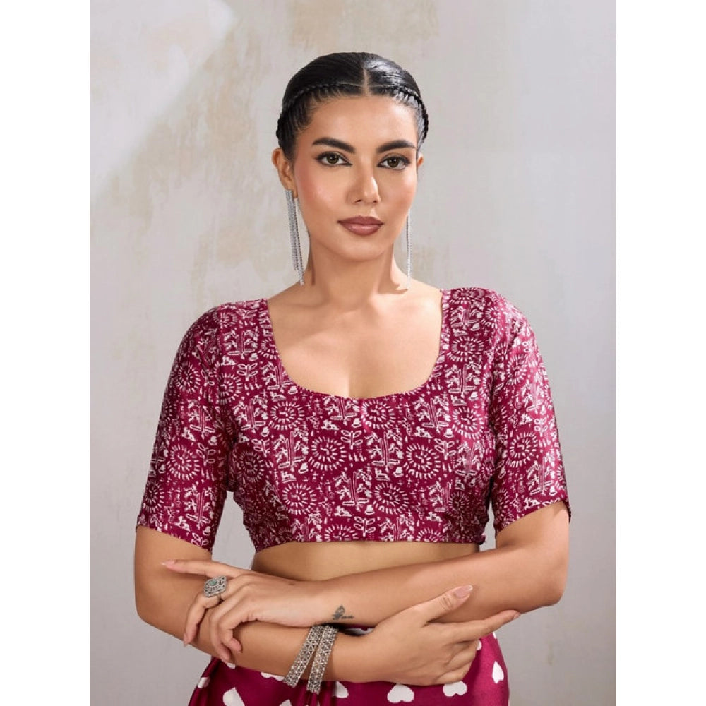 Vaystra Satin Crepe Printed Saree With Unstitched Blouse 5.5Mtr – Maroon