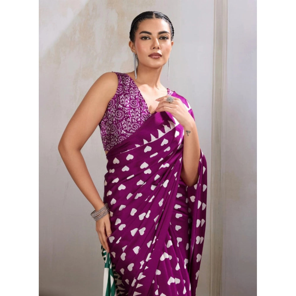 Vaystra Satin Crepe Printed Saree With Unstitched Blouse 5.5Mtr – Purple