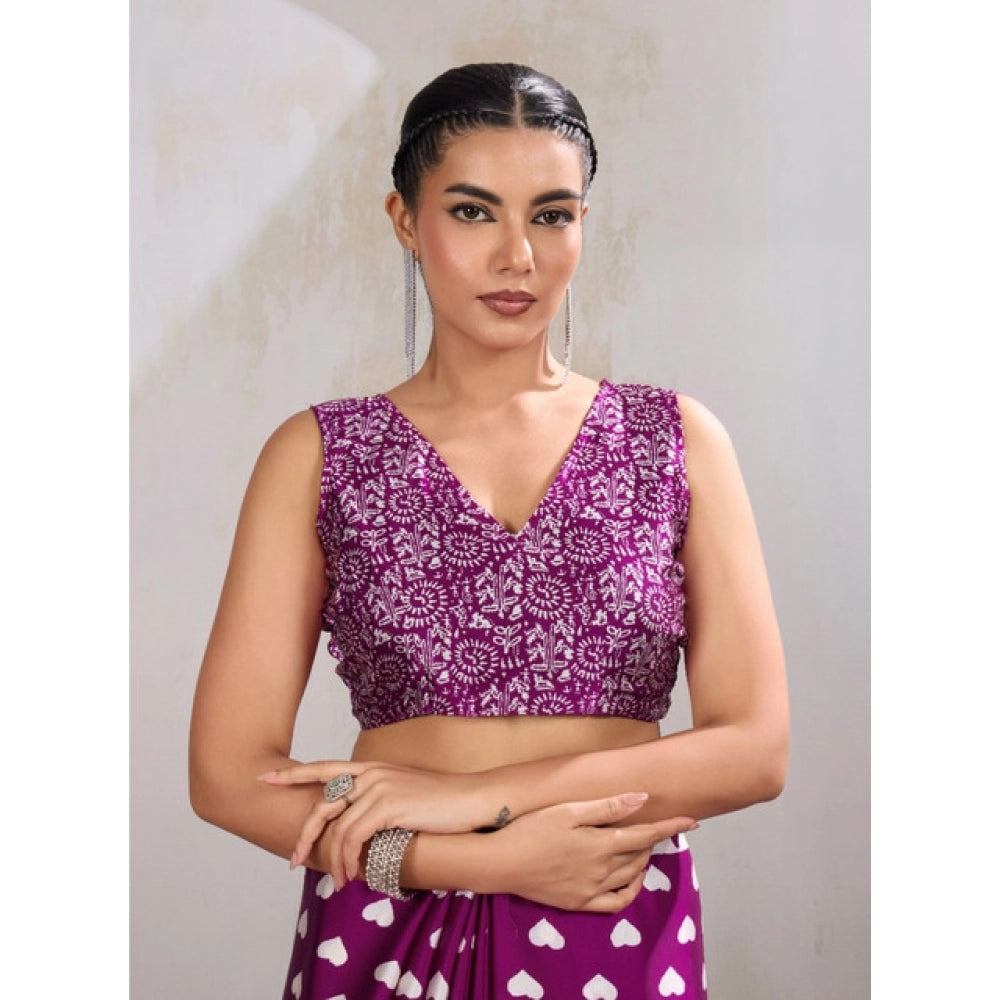 Vaystra Satin Crepe Printed Saree With Unstitched Blouse 5.5Mtr – Purple