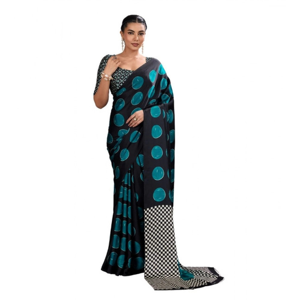 Vaystra Satin Crepe Printed Saree With Unstitched Blouse 5.5Mtr – Black