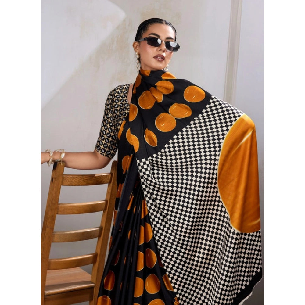 Vaystra Satin Crepe Printed Saree With Unstitched Blouse 5.5Mtr – Mustard