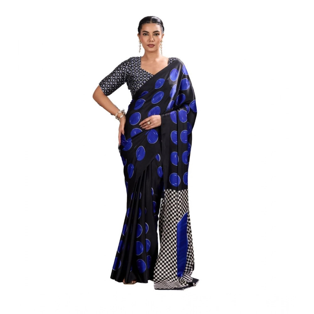 Vaystra Satin Crepe Printed Saree With Unstitched Blouse 5.5Mtr – Blue