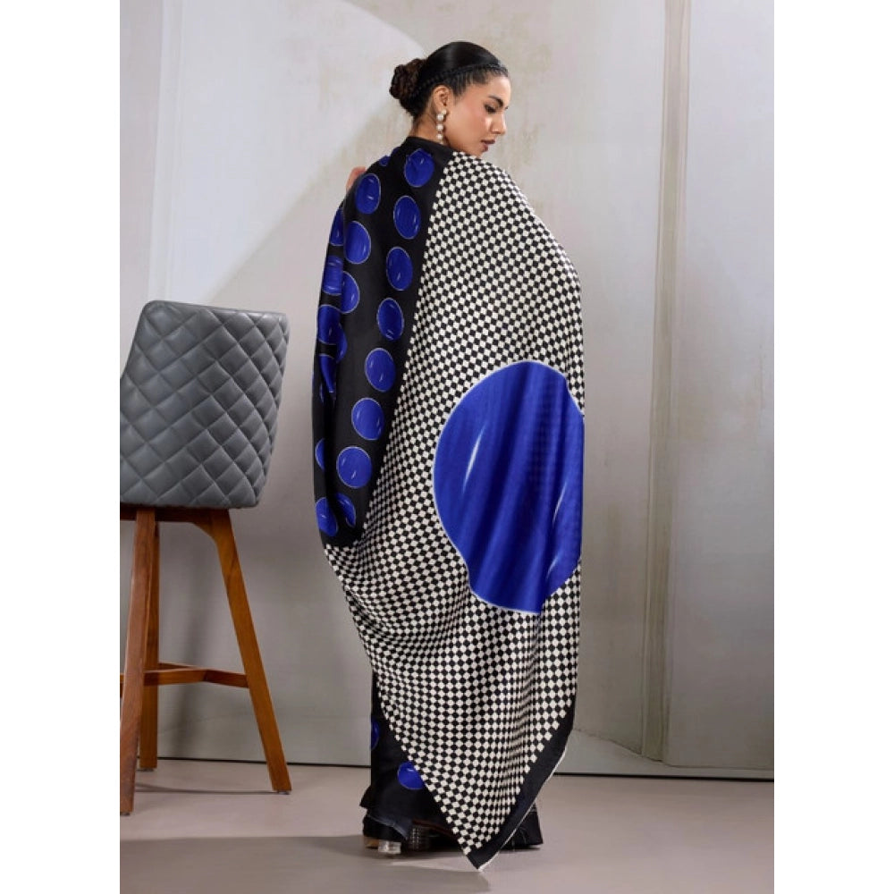 Vaystra Satin Crepe Printed Saree With Unstitched Blouse 5.5Mtr – Blue