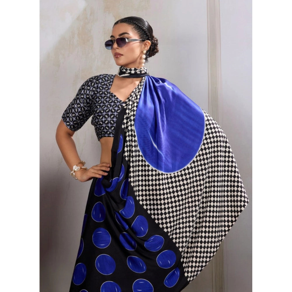 Vaystra Satin Crepe Printed Saree With Unstitched Blouse 5.5Mtr – Blue