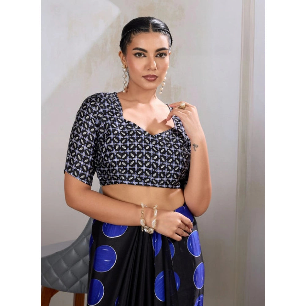 Vaystra Satin Crepe Printed Saree With Unstitched Blouse 5.5Mtr – Blue