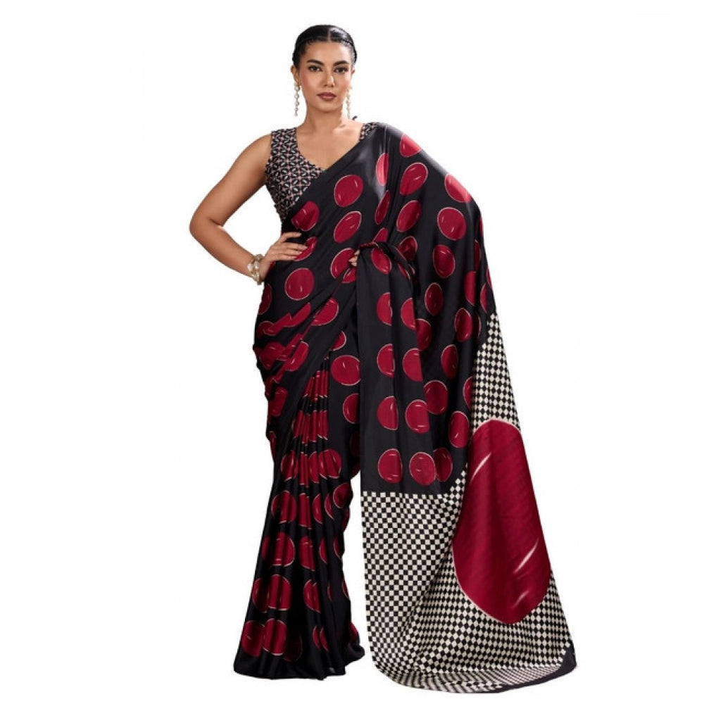 Vaystra Satin Crepe Printed Saree With Unstitched Blouse 5.5Mtr – Maroon