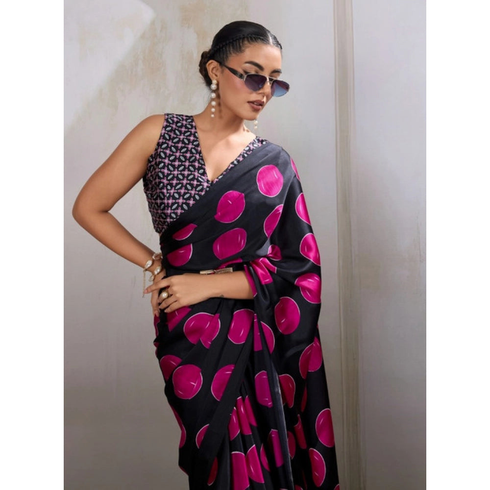 Vaystra Satin Crepe Printed Saree With Unstitched Blouse 5.5Mtr – Pink