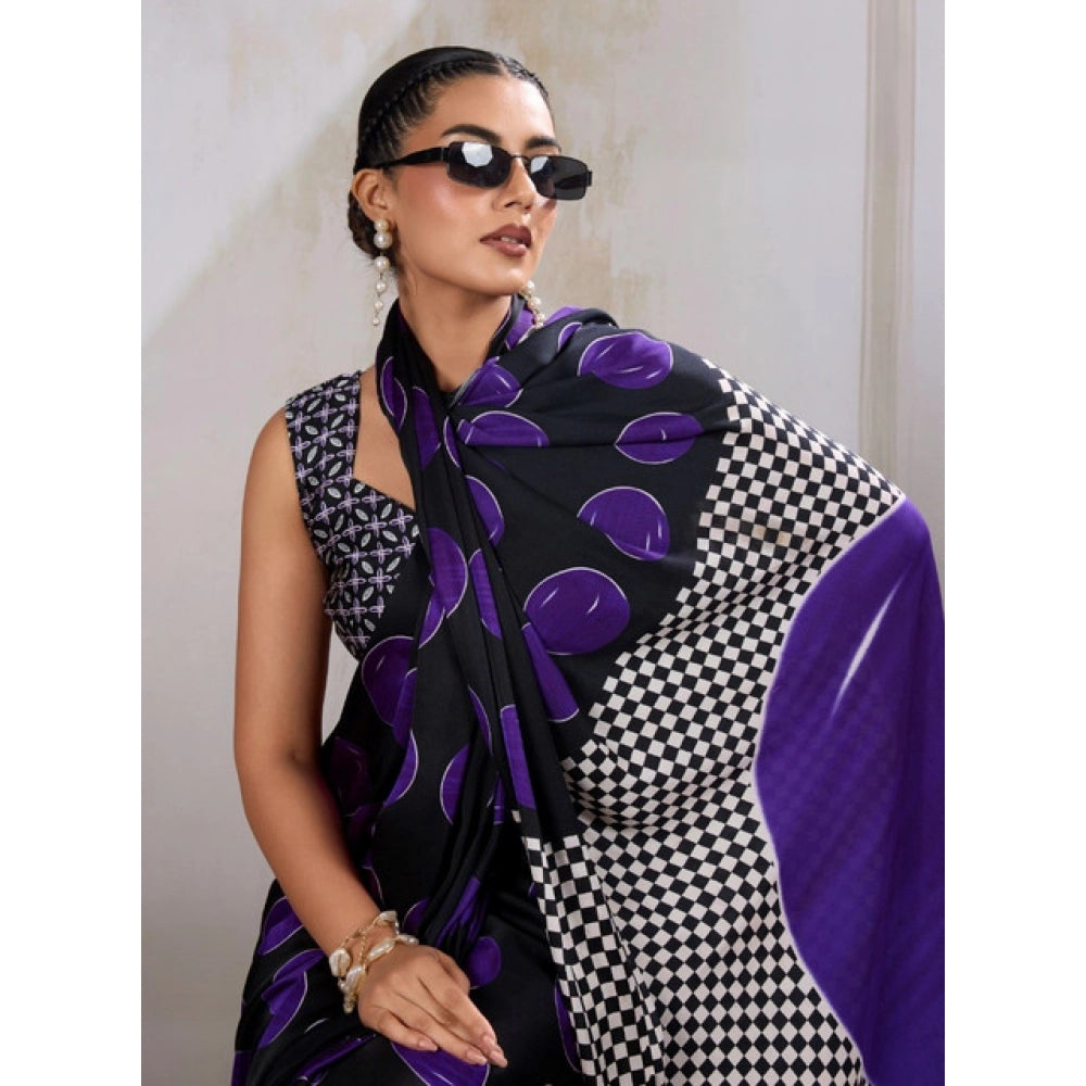Vaystra Satin Crepe Printed Saree With Unstitched Blouse 5.5Mtr – Purple