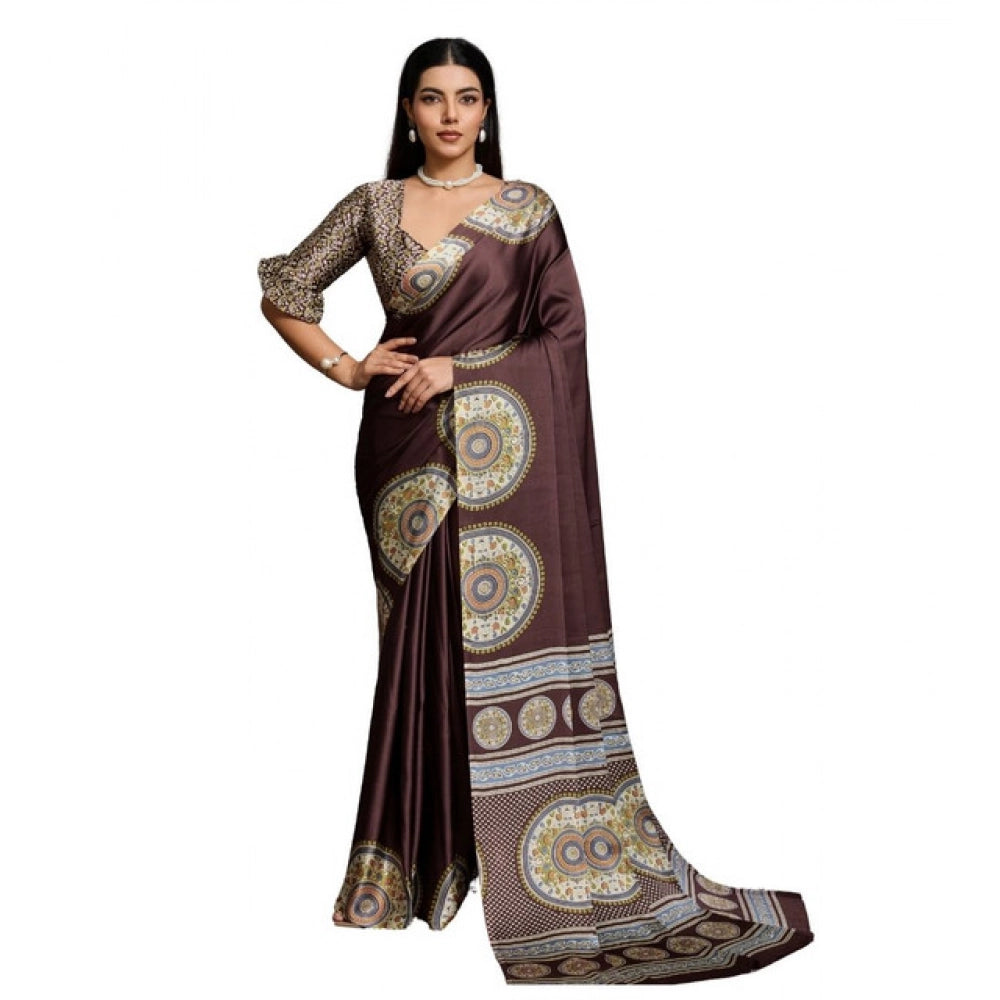 Vaystra Satin Crepe Printed Saree With Unstitched Blouse 5.5Mtr – Brown
