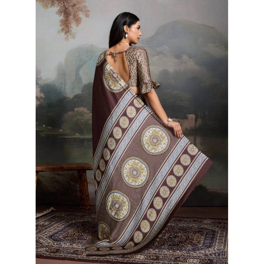 Vaystra Satin Crepe Printed Saree With Unstitched Blouse 5.5Mtr – Brown