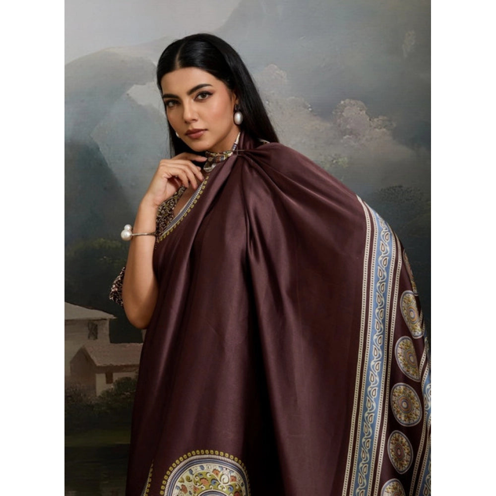 Vaystra Satin Crepe Printed Saree With Unstitched Blouse 5.5Mtr – Brown