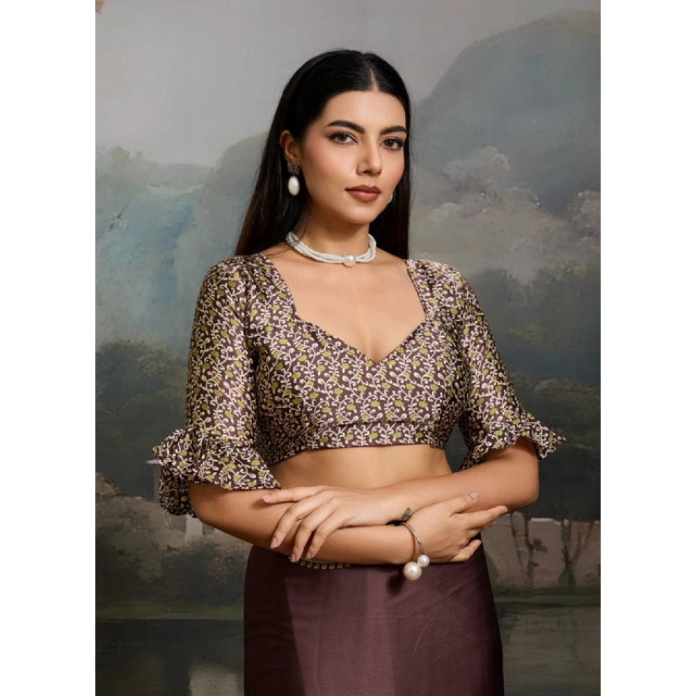 Vaystra Satin Crepe Printed Saree With Unstitched Blouse 5.5Mtr – Brown