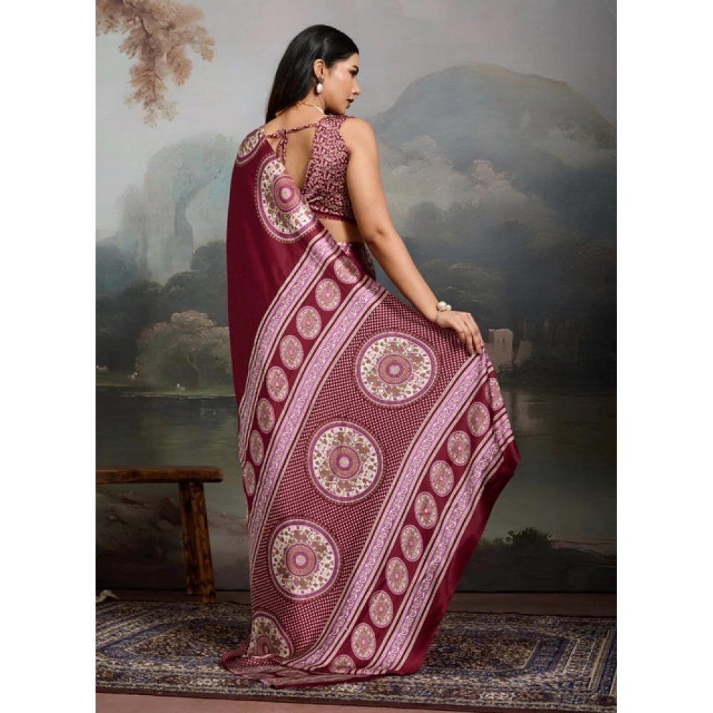 Vaystra Satin Crepe Printed Saree With Unstitched Blouse 5.5Mtr – Maroon