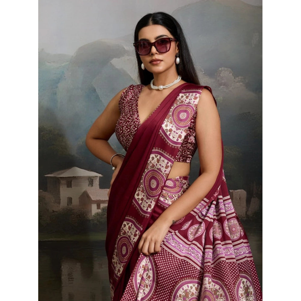 Vaystra Satin Crepe Printed Saree With Unstitched Blouse 5.5Mtr – Maroon