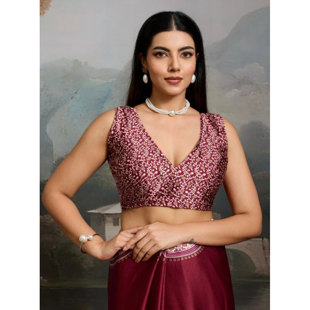 Vaystra Satin Crepe Printed Saree With Unstitched Blouse 5.5Mtr – Maroon