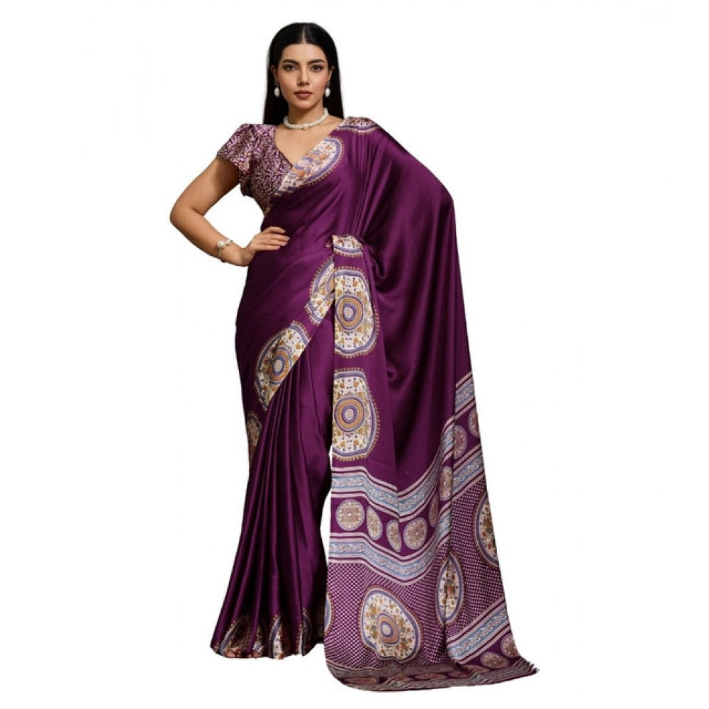 Vaystra Satin Crepe Printed Saree With Unstitched Blouse 5.5Mtr – Purple
