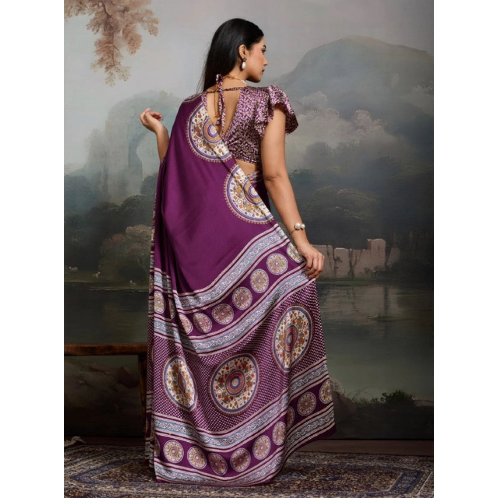 Vaystra Satin Crepe Printed Saree With Unstitched Blouse 5.5Mtr – Purple