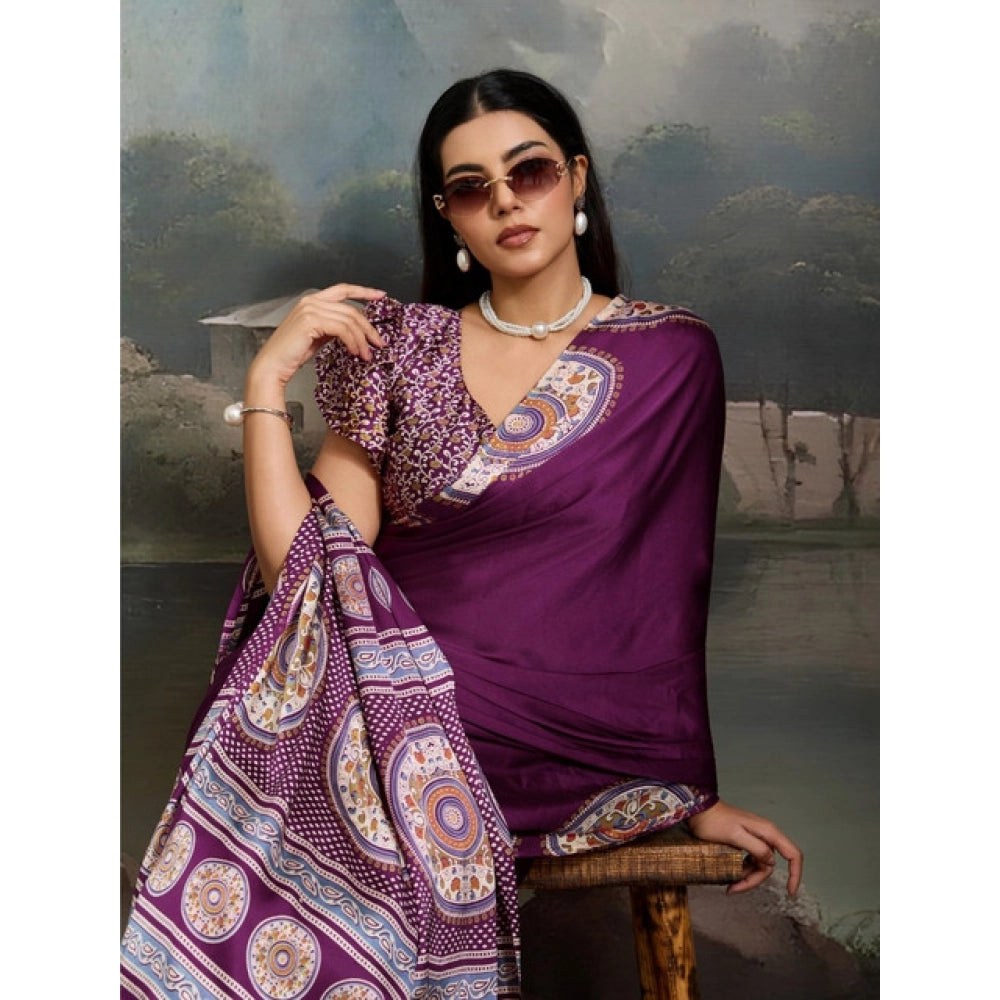 Vaystra Satin Crepe Printed Saree With Unstitched Blouse 5.5Mtr – Purple