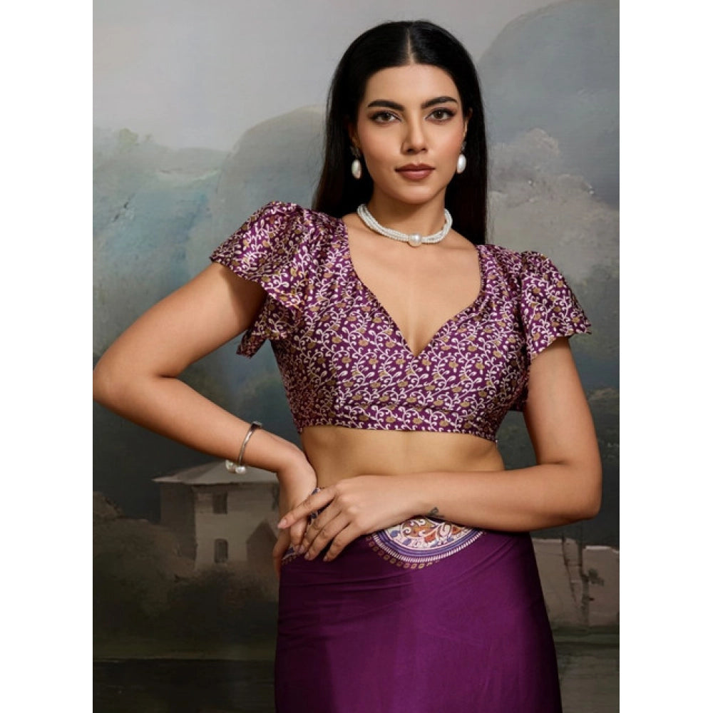 Vaystra Satin Crepe Printed Saree With Unstitched Blouse 5.5Mtr – Purple