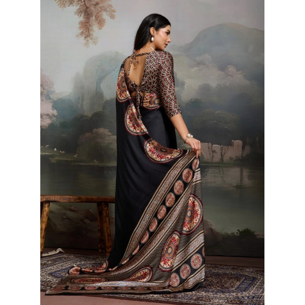 Vaystra Satin Crepe Printed Saree With Unstitched Blouse 5.5Mtr – Black
