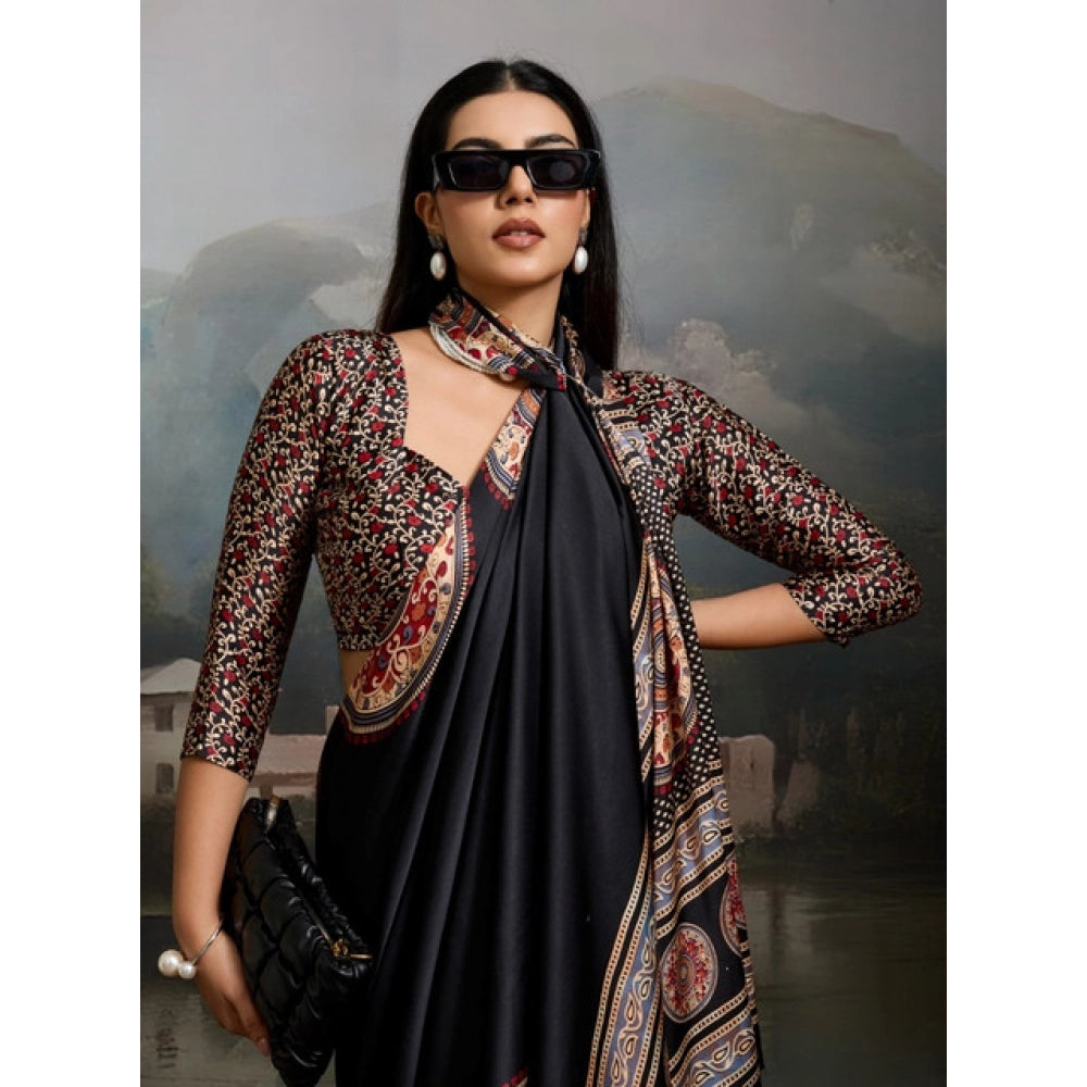 Vaystra Satin Crepe Printed Saree With Unstitched Blouse 5.5Mtr – Black