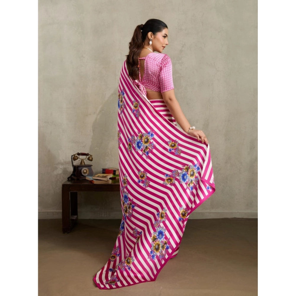 Vaystra Satin Crepe Printed Saree With Unstitched Blouse 5.5Mtr – Pink