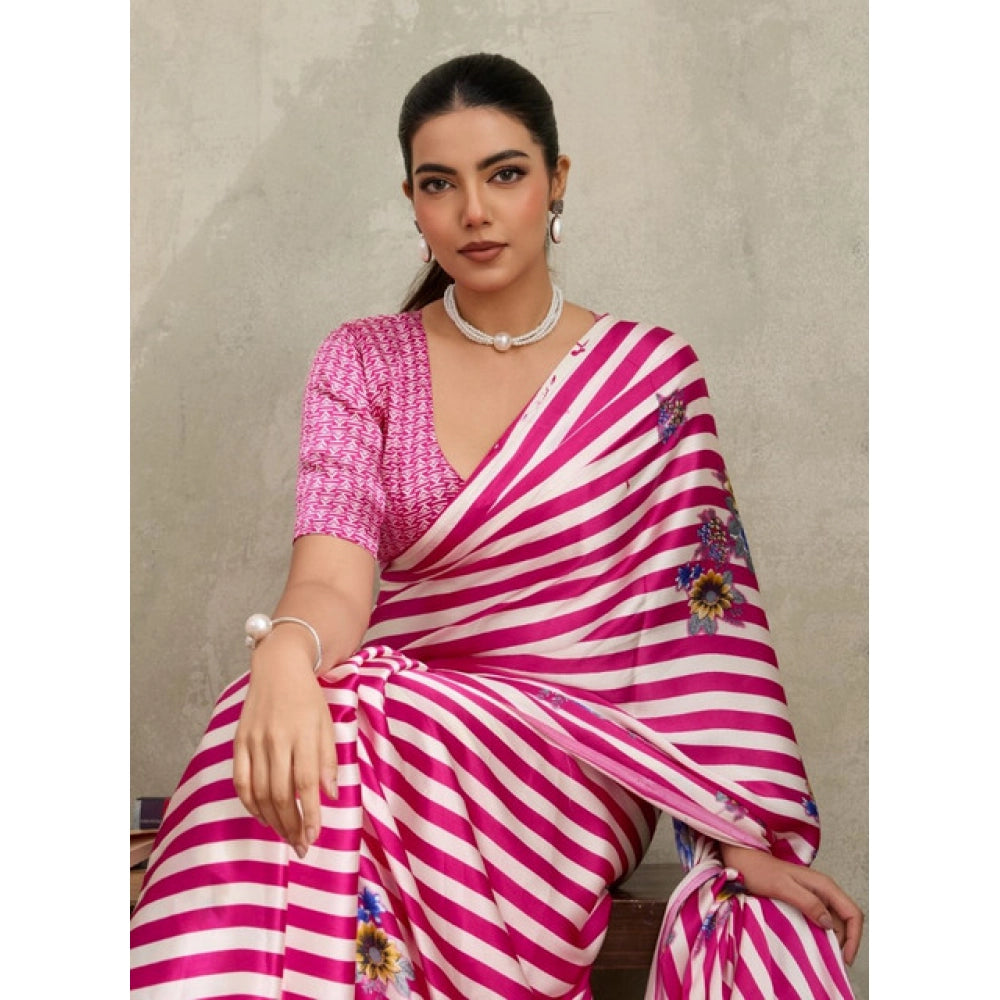 Vaystra Satin Crepe Printed Saree With Unstitched Blouse 5.5Mtr – Pink
