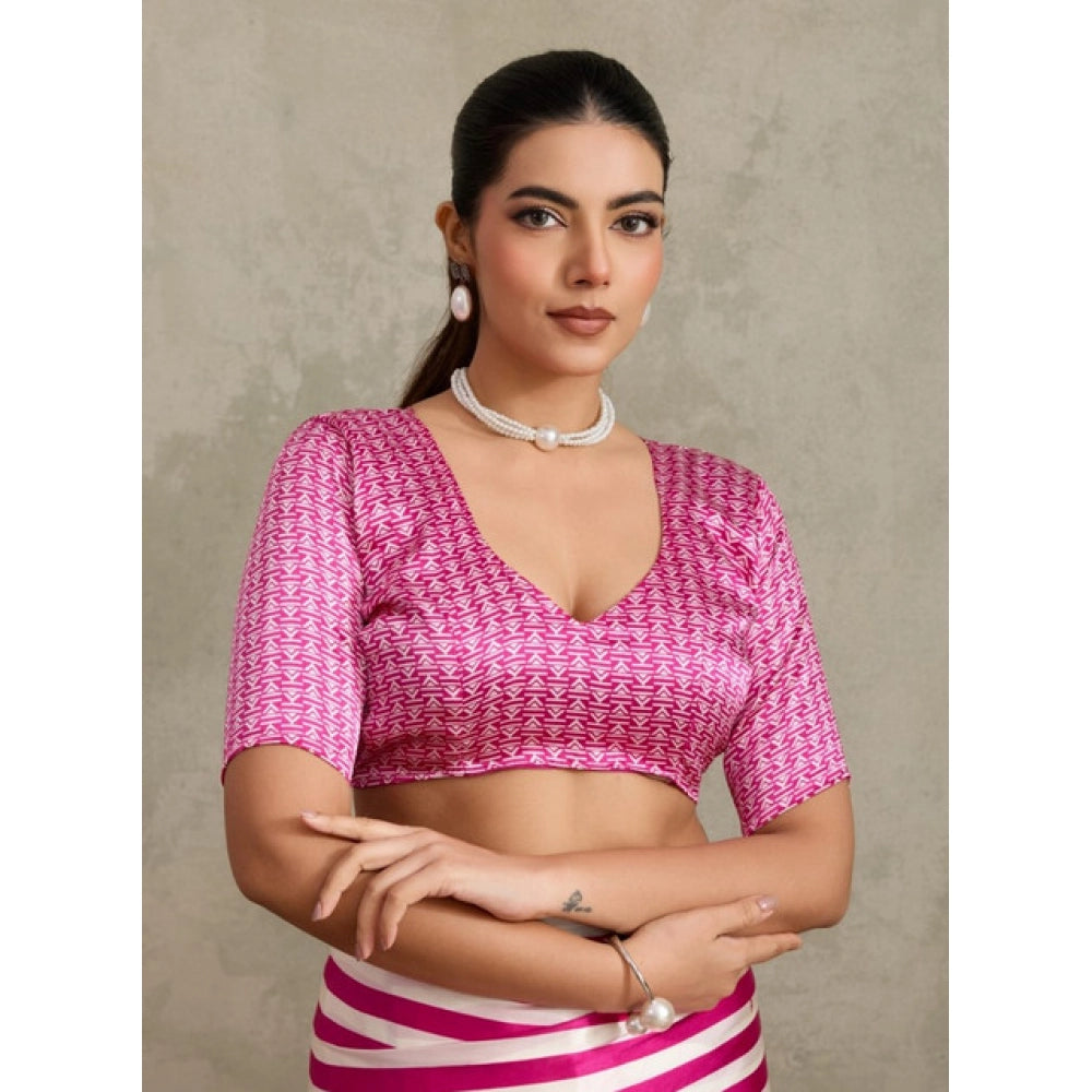 Vaystra Satin Crepe Printed Saree With Unstitched Blouse 5.5Mtr – Pink
