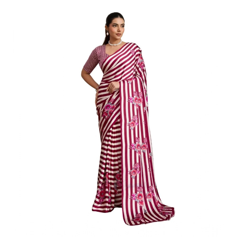 Vaystra Satin Crepe Printed Saree With Unstitched Blouse 5.5Mtr – Maroon