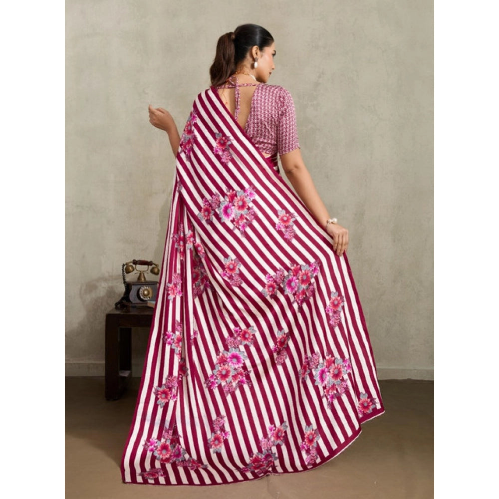 Vaystra Satin Crepe Printed Saree With Unstitched Blouse 5.5Mtr – Maroon