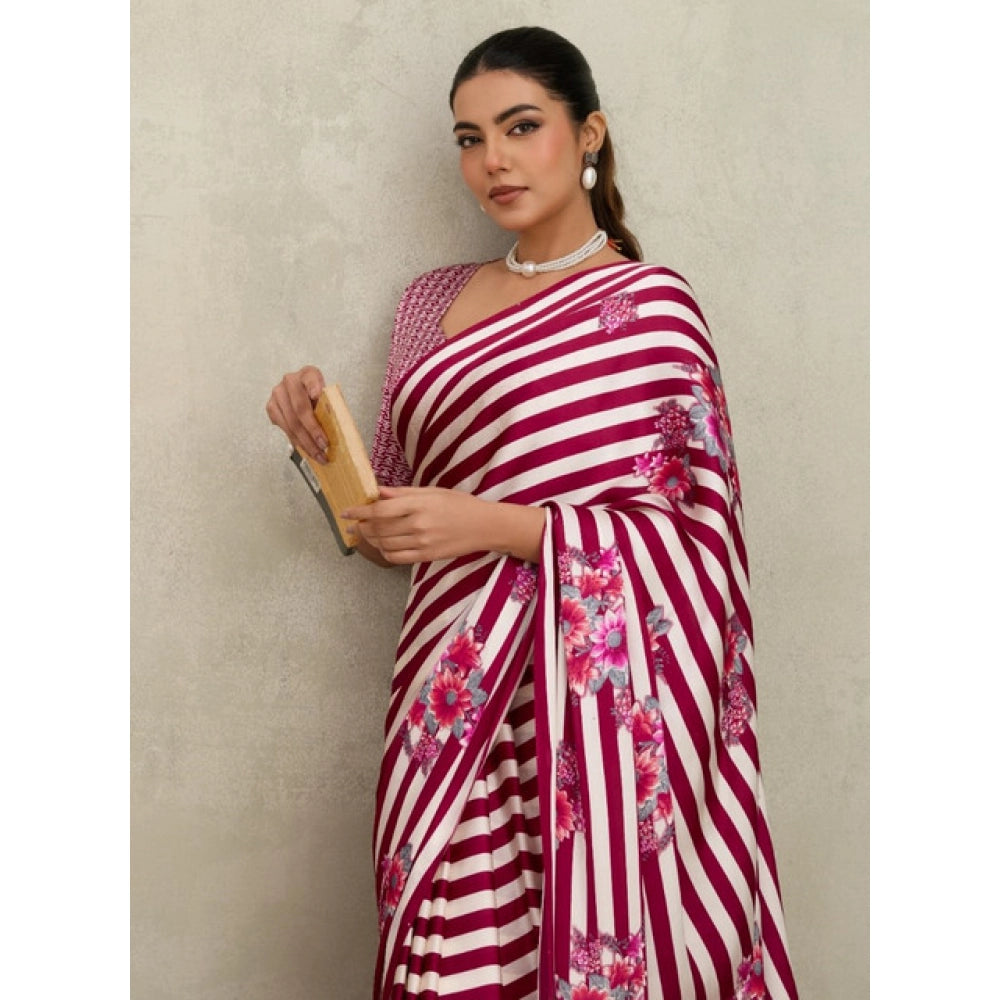 Vaystra Satin Crepe Printed Saree With Unstitched Blouse 5.5Mtr – Maroon