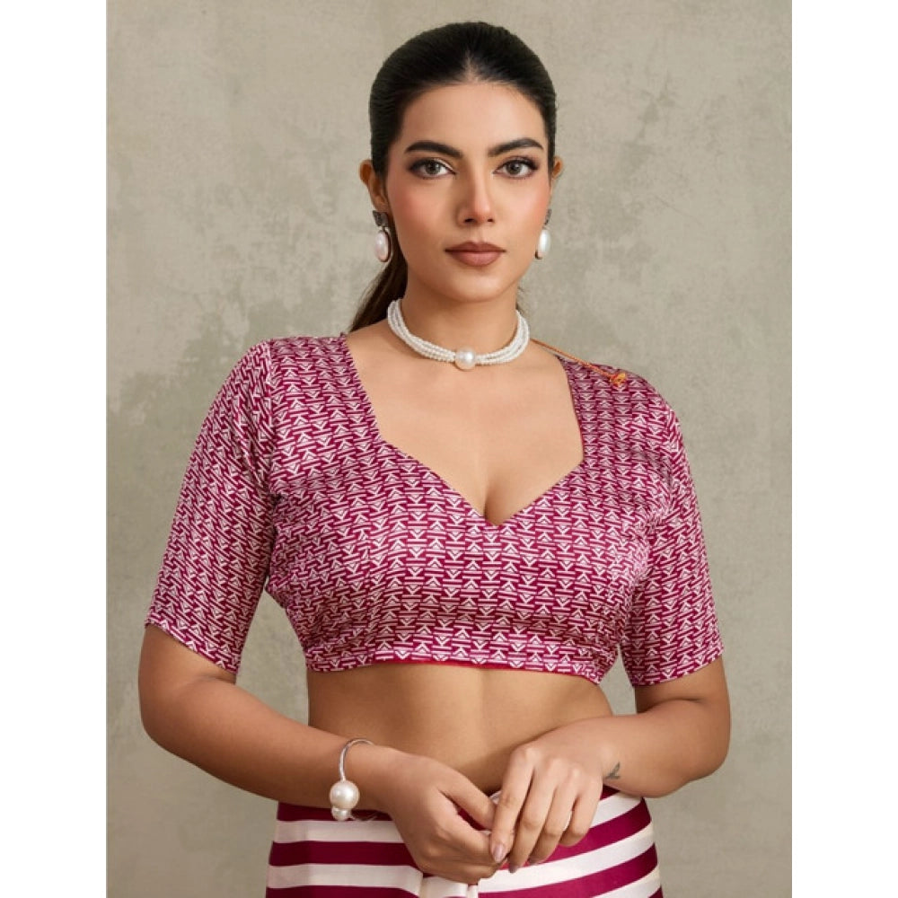 Vaystra Satin Crepe Printed Saree With Unstitched Blouse 5.5Mtr – Maroon