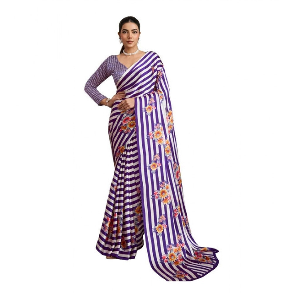 Vaystra Satin Crepe Printed Saree With Unstitched Blouse 5.5Mtr – Purple