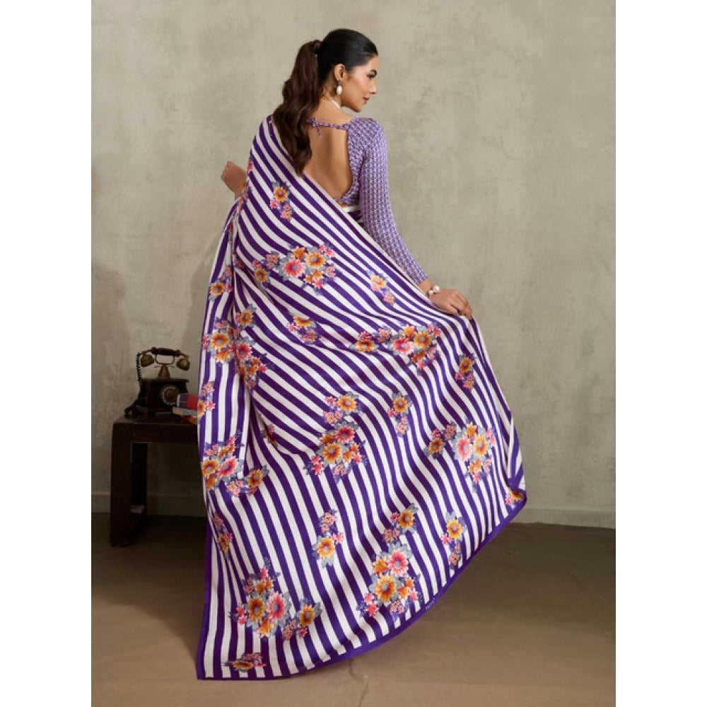 Vaystra Satin Crepe Printed Saree With Unstitched Blouse 5.5Mtr – Purple