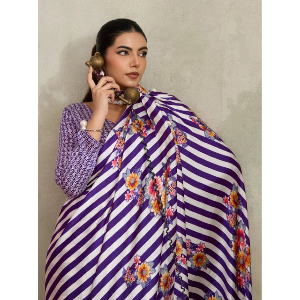 Vaystra Satin Crepe Printed Saree With Unstitched Blouse 5.5Mtr – Purple