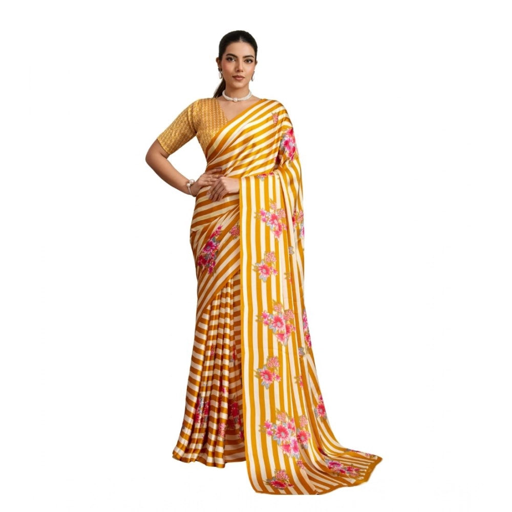 Vaystra Satin Crepe Printed Saree With Unstitched Blouse 5.5Mtr – Mustard