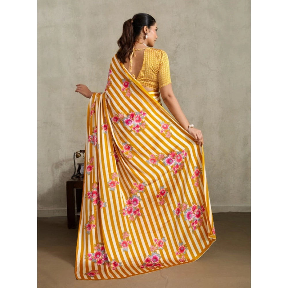 Vaystra Satin Crepe Printed Saree With Unstitched Blouse 5.5Mtr – Mustard
