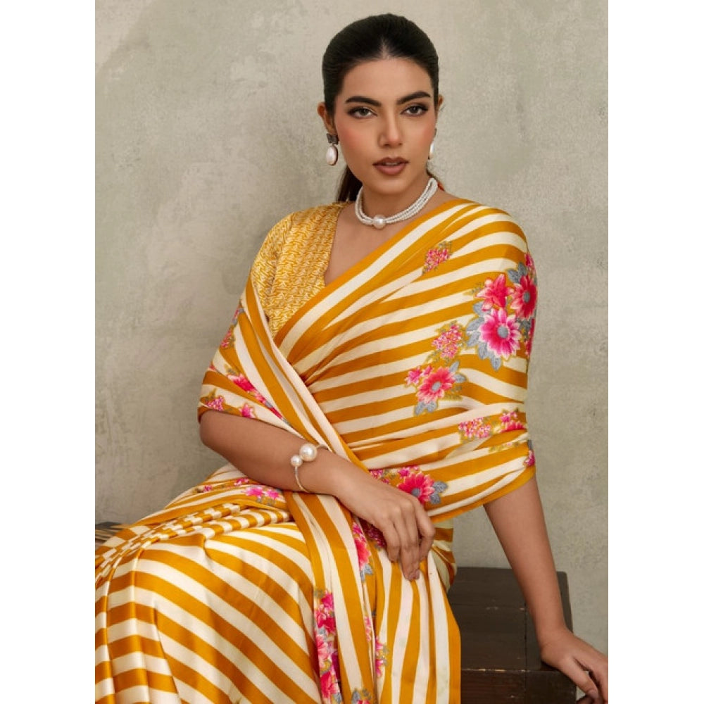 Vaystra Satin Crepe Printed Saree With Unstitched Blouse 5.5Mtr – Mustard