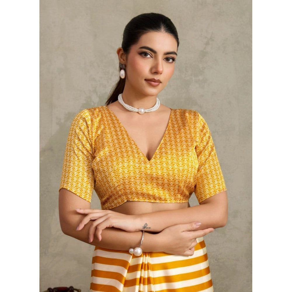 Vaystra Satin Crepe Printed Saree With Unstitched Blouse 5.5Mtr – Mustard