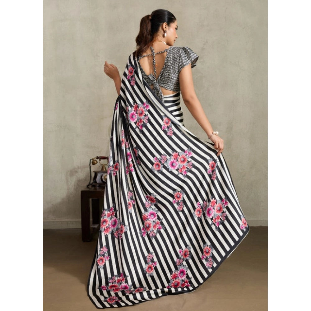 Vaystra Satin Crepe Printed Saree With Unstitched Blouse 5.5Mtr – Black